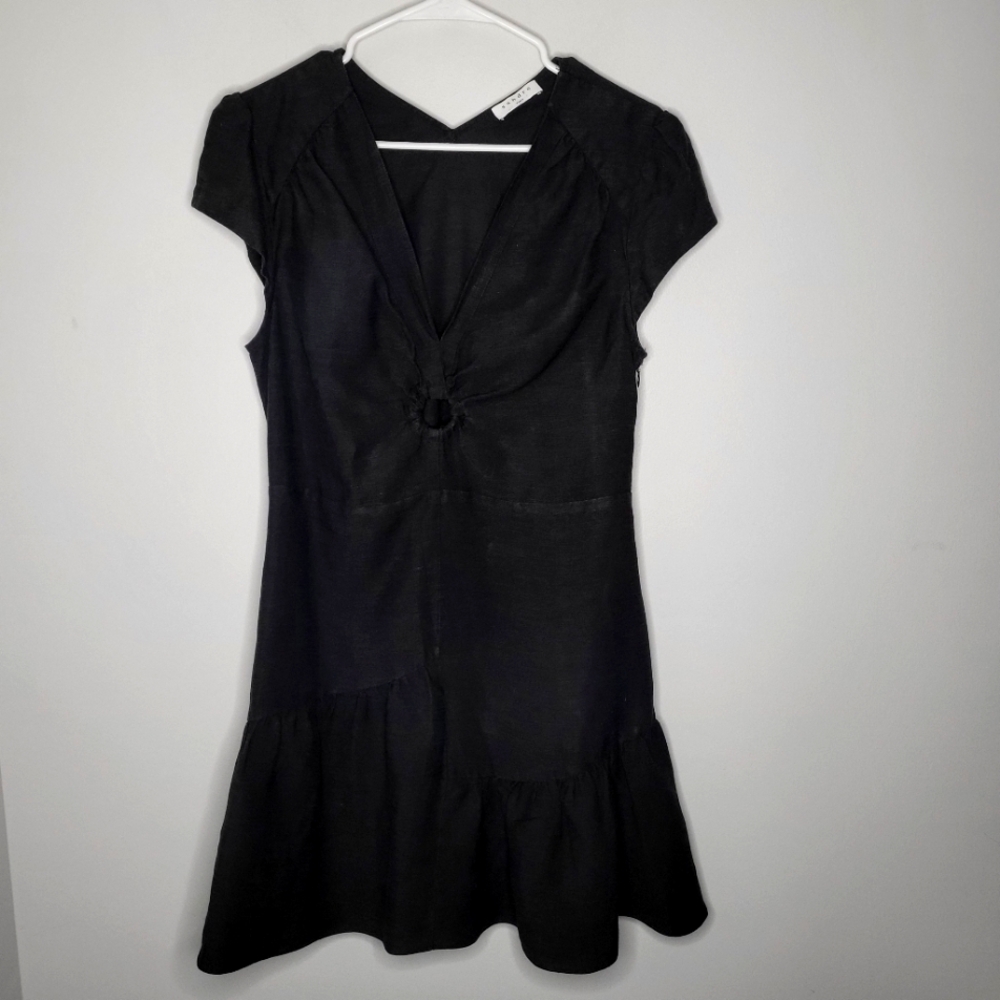 Sandro Paris Ronald US Size 10 EU 40 Black Linen Cut Out Gathered Mini Dress